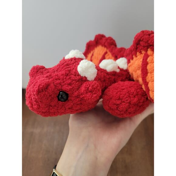 Red Crochet Dragon Stuffed Animal White Orange Chenille Yarn Soft - Picture 4 of 5